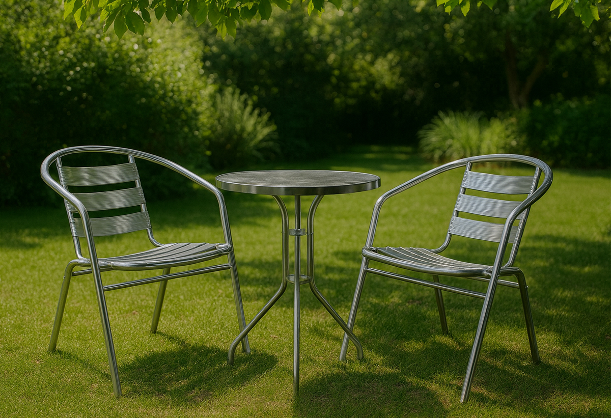 Απεικονίζονται δύο πολυθρόνες bistro σε έναν κήπο, μαζί με ένα τραπέζι.